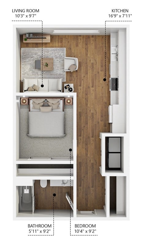 Floor plan for 1 bed, 1 bath, 530 sqft
